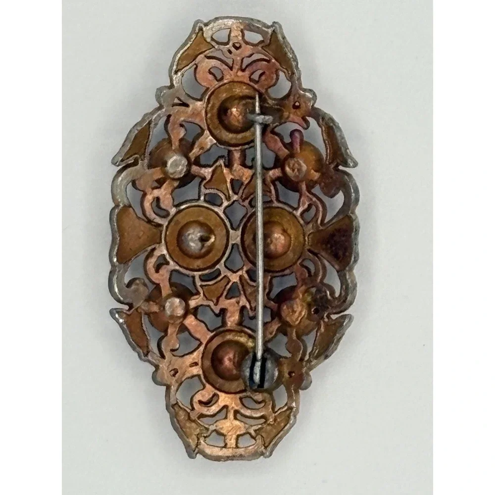 Antique Victorian Gilded Brass  Blue‎ Glass Pin Brooch C-clasp